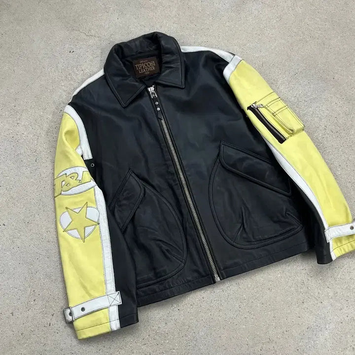 [BUNJANG] T.P.C. Big Logo Color Block Cow Leather Jacket / 티피코시 빅로고 배색 카우 레더 자켓