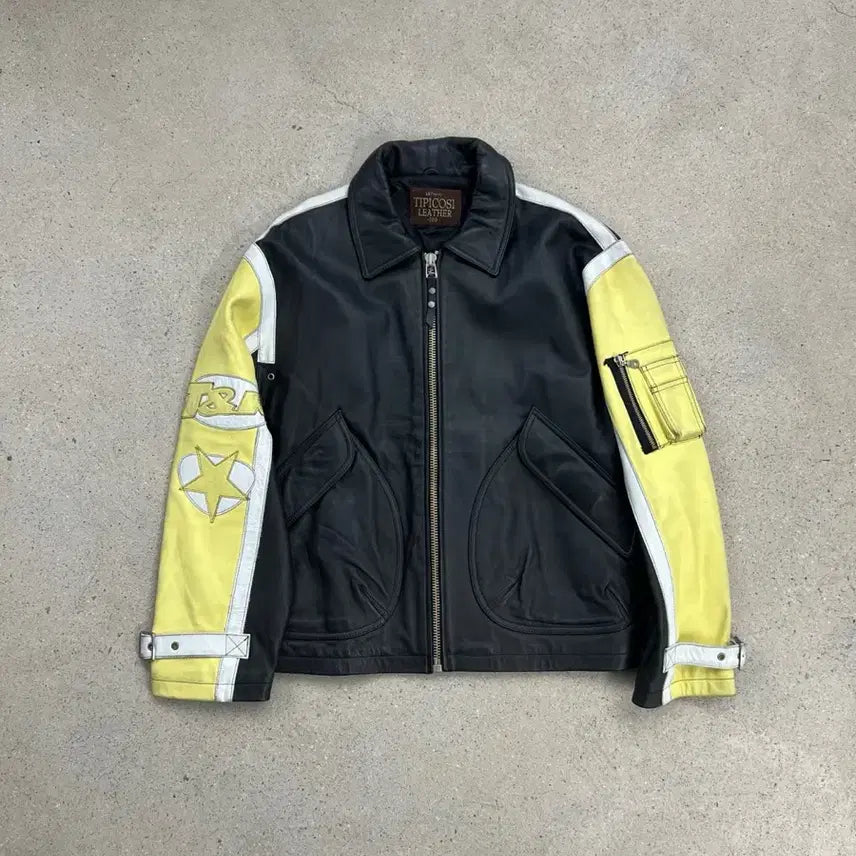 [BUNJANG] T.P.C. Big Logo Color Block Cow Leather Jacket / 티피코시 빅로고 배색 카우 레더 자켓