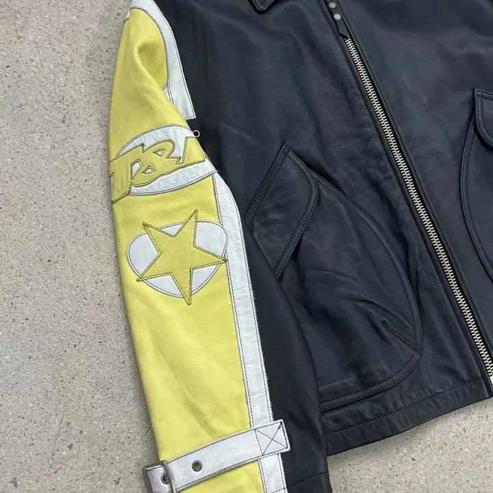 [BUNJANG] T.P.C. Big Logo Color Block Cow Leather Jacket / 티피코시 빅로고 배색 카우 레더 자켓