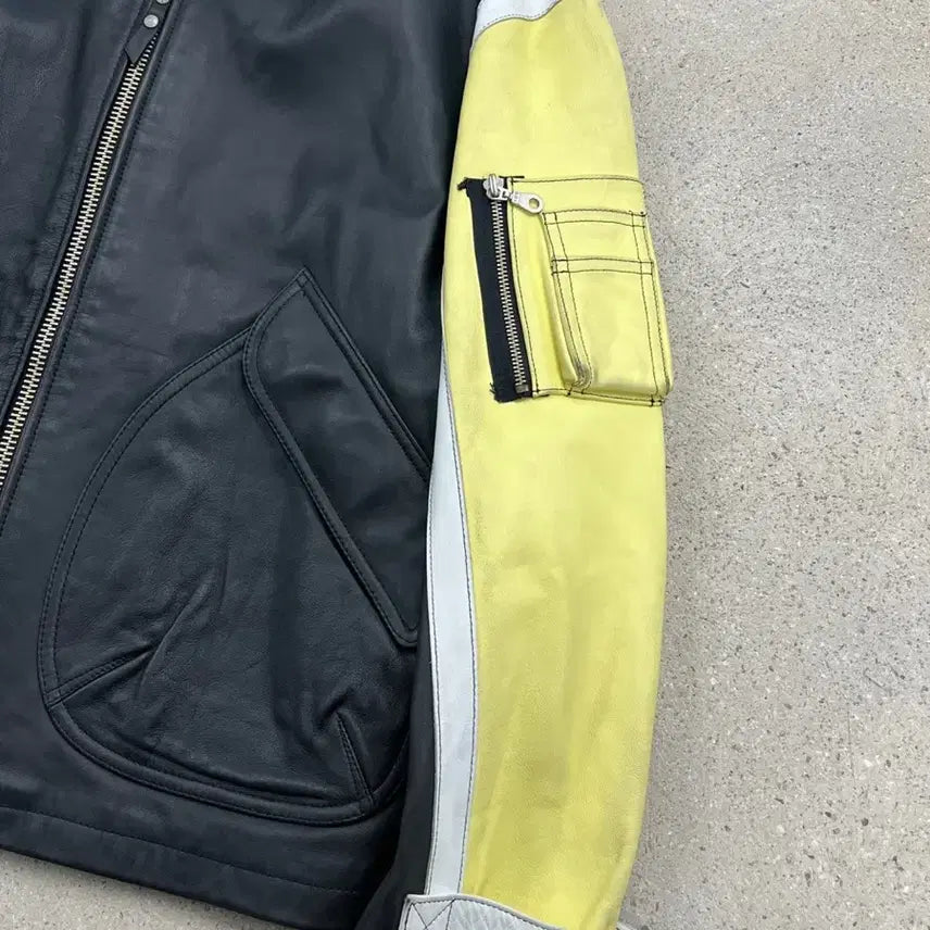 [BUNJANG] T.P.C. Big Logo Color Block Cow Leather Jacket / 티피코시 빅로고 배색 카우 레더 자켓