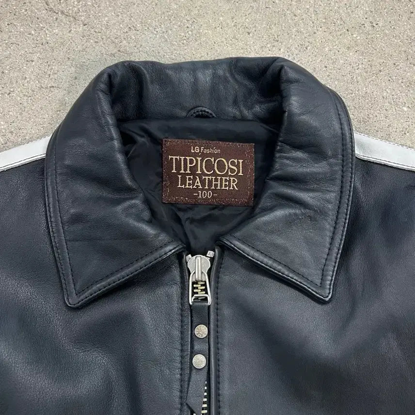 [BUNJANG] T.P.C. Big Logo Color Block Cow Leather Jacket / 티피코시 빅로고 배색 카우 레더 자켓