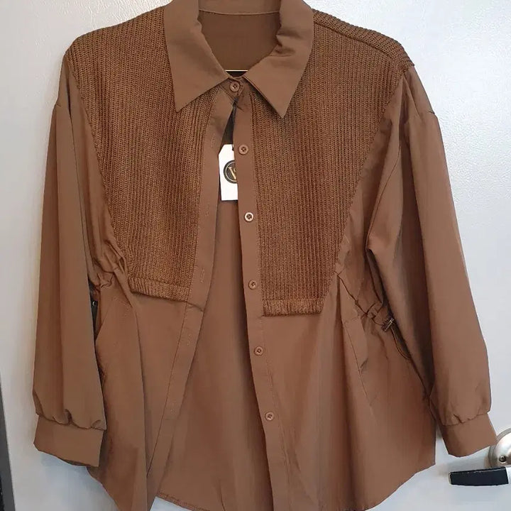 [BUNJANG] Color Block Knit Blouse / 배색 니트 브라운 셔츠 블라우스 프리