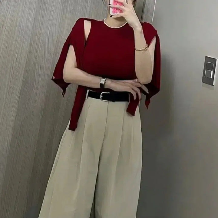 [BUNJANG] La&amp;Deery Basic Round Sleeveless Cardigan Set - Red / 라앤드리 베이직 라운드 나시 가디건 세트 -레드,프리