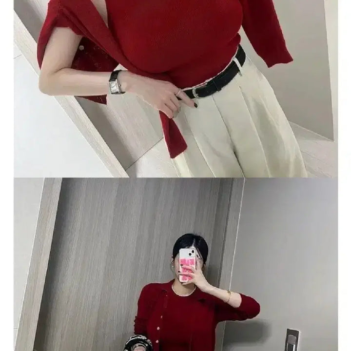 [BUNJANG] La&amp;Deery Basic Round Sleeveless Cardigan Set - Red / 라앤드리 베이직 라운드 나시 가디건 세트 -레드,프리