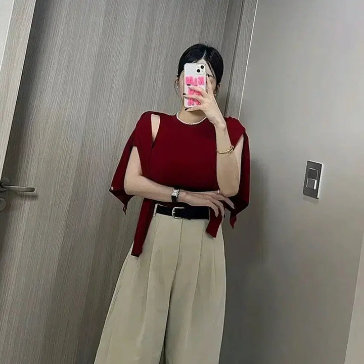 [BUNJANG] La&amp;Deery Basic Round Sleeveless Cardigan Set - Red / 라앤드리 베이직 라운드 나시 가디건 세트 -레드,프리