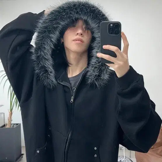 [BUNJANG] SATIIIZ Snow Fur Fleece Hooded Zip-up / SATIIIZ 스노우 퍼 기모 후드집업 free