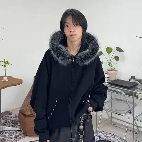 [BUNJANG] SATIIIZ Snow Fur Fleece Hooded Zip-up / SATIIIZ 스노우 퍼 기모 후드집업 free