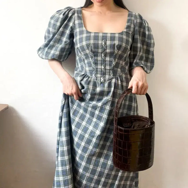 [BUNJANG] Alexa Chung Check Long Dress / [EU38] 알렉사청 Alexa Chung 체크 퍼프슬리브 원피스