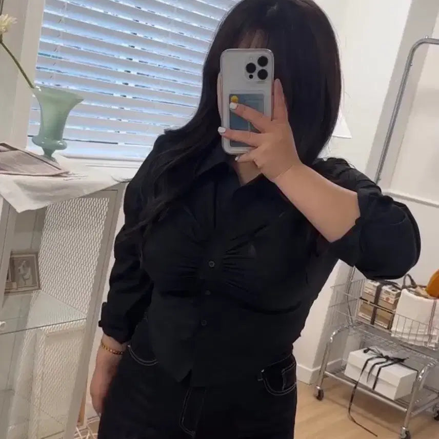 [BUNJANG] Frill Slim Fit Crop Shirring Shirt / 프릴 슬림핏 크롭 셔링 셔츠 새상품 블랙