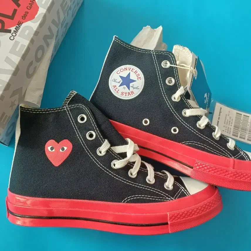[BUNJANG] Comme des Garçons x Converse Chuck Taylor All Star High Top Red Sole Sneakers / 새상품 꼼데가르송 척테일러 하이 컨버스 245 풀박 새상품
