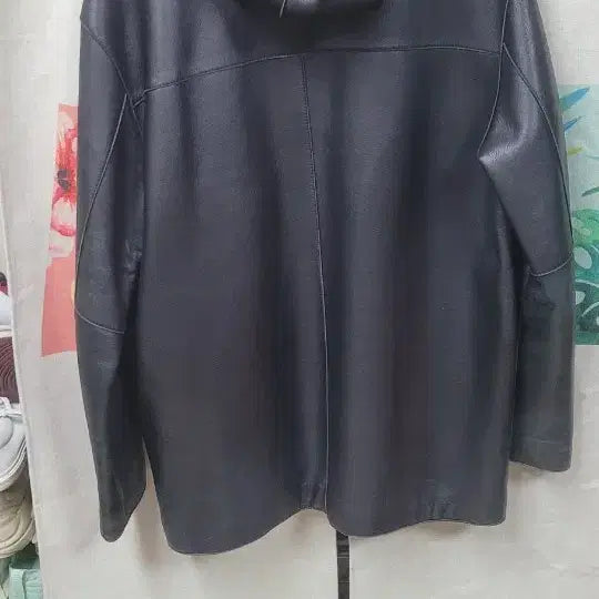 [BUNJANG] Black Leather Hooded Zip-Up Jacket / 블랙 가죽 후드 집업 자켓
