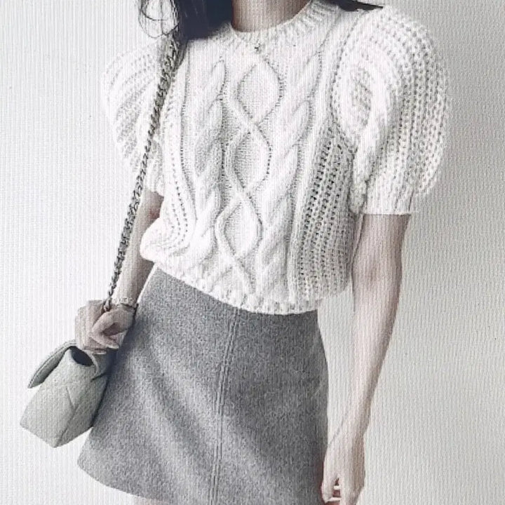 [BUNJANG] White/Pink Cable Knit Puff Sleeve Top / (해외배송)화이트/핑크 꽈배기 반팔 니트 퍼프소매