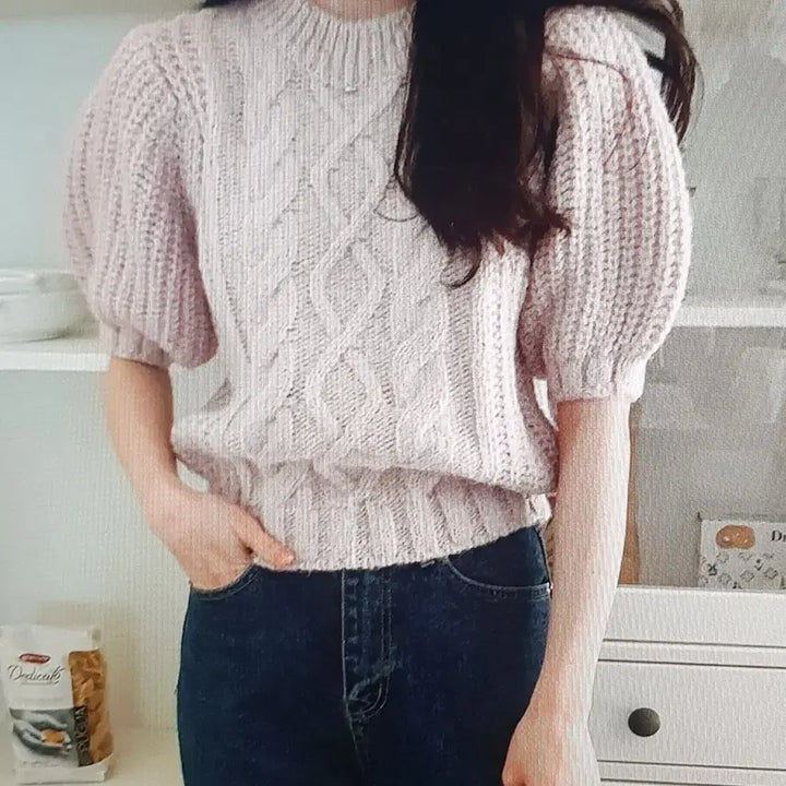 [BUNJANG] White/Pink Cable Knit Puff Sleeve Top / (해외배송)화이트/핑크 꽈배기 반팔 니트 퍼프소매