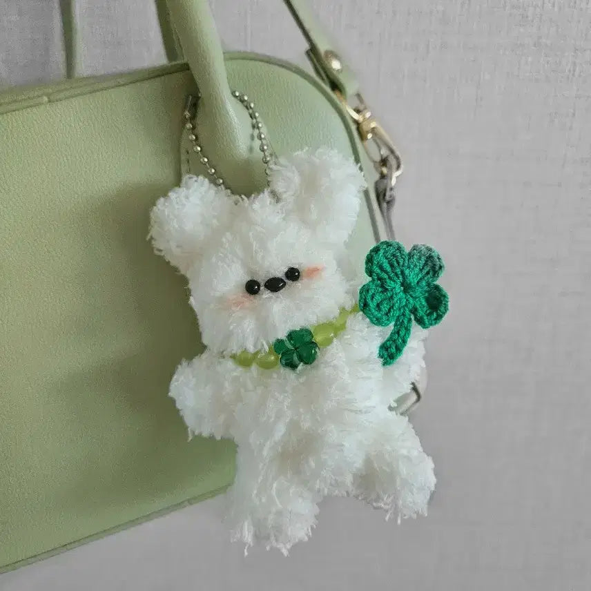 [BUNJANG] Handmade Four-Leaf Clover Lucky Bear Mop Doll Bag Keyring / 핸드메이드 네잎클로버 행운 곰돌이 모루인형 완제품 가방 키링