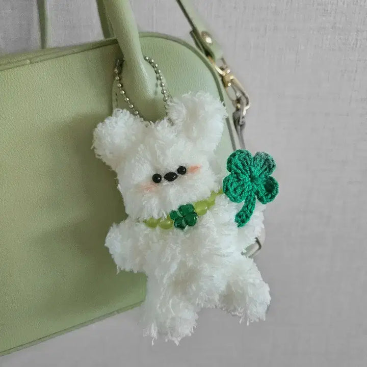 [BUNJANG] Handmade Four-Leaf Clover Lucky Bear Mop Doll Bag Keyring / 핸드메이드 네잎클로버 행운 곰돌이 모루인형 완제품 가방 키링