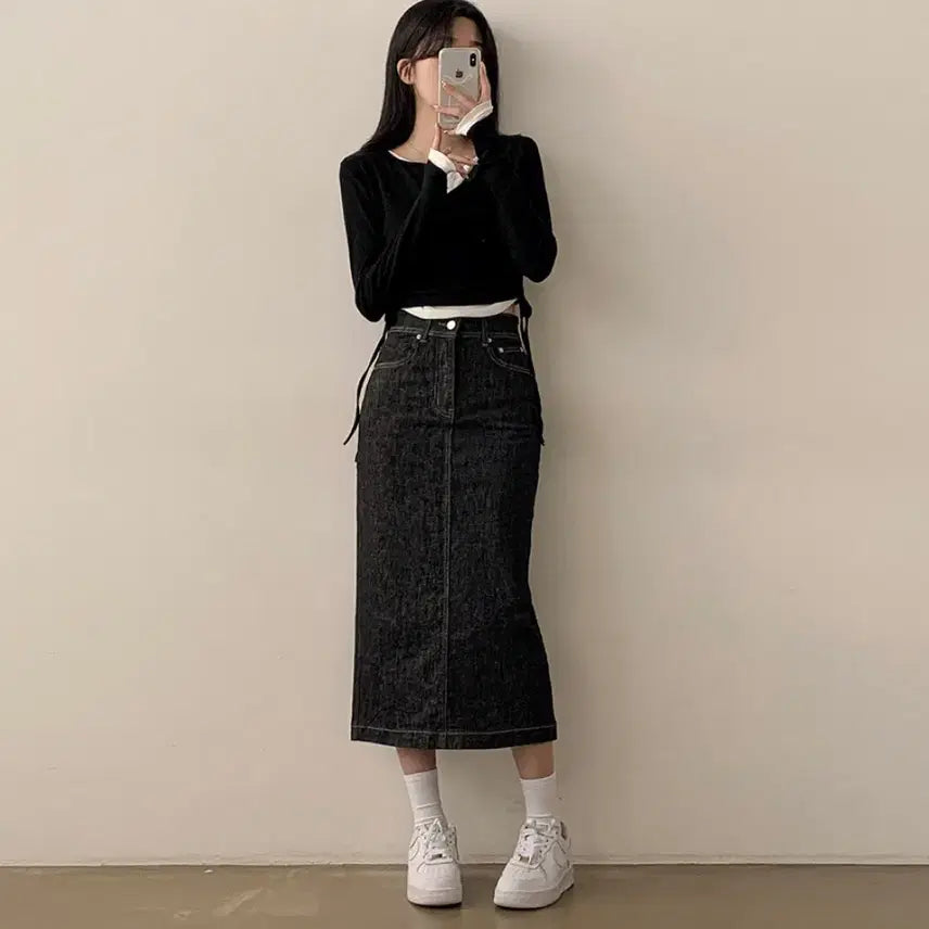 [BUNJANG] High-Waist Black Denim Long Skirt (S) / 하이웨스트 생지 흑청 뒷트임 롱스커트 s