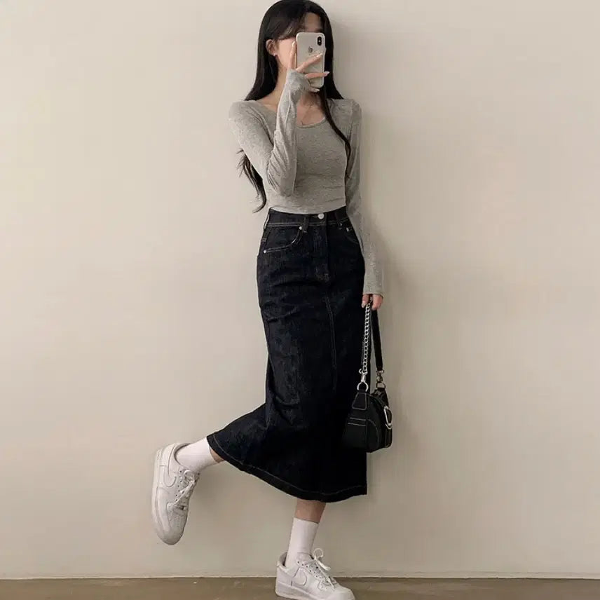 [BUNJANG] High-Waist Black Denim Long Skirt (S) / 하이웨스트 생지 흑청 뒷트임 롱스커트 s