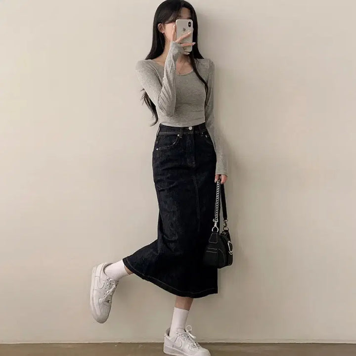 [BUNJANG] High-Waist Black Denim Long Skirt (S) / 하이웨스트 생지 흑청 뒷트임 롱스커트 s