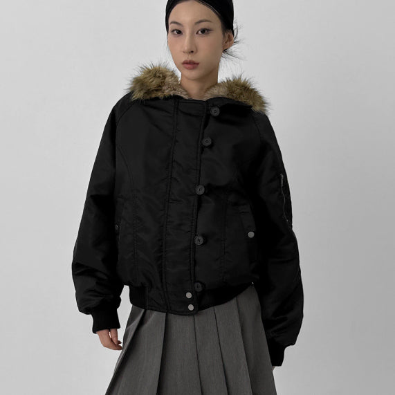 [BUNJANG] Blackup Nuinil Fur-Trimmed Hood Jumper Black / 블랙업 누닐 퍼트리밍 후드 점퍼 블랙