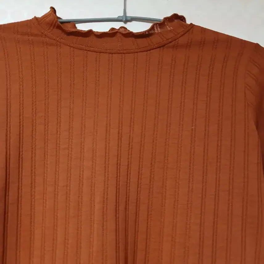 [BUNJANG] Brick See-Through Ribbed Frill Neck Long Sleeve T-Shirt / 브릭 시스루 골지 프릴넥 긴팔 티셔츠
