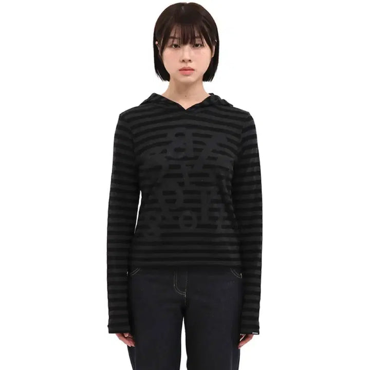 [BUNJANG] Safari Spot Stripe Border Hoodie / [2] 사파리스팟 1/2 티켓팅 스트라이프 보더 후디 블랙 후드 티셔츠