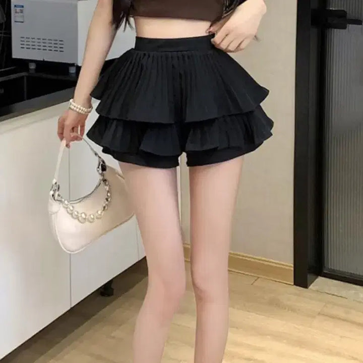 [BUNJANG] Pleated Frill Mini Skirt Shorts / 이단 프릴 플리츠 스커트 반바지 테니스 스커트 짧치 교복치마 청치미