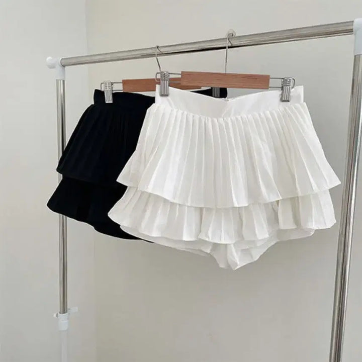 [BUNJANG] Pleated Frill Mini Skirt Shorts / 이단 프릴 플리츠 스커트 반바지 테니스 스커트 짧치 교복치마 청치미