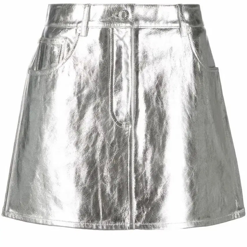 [BUNJANG] Silver Cybercore Mini Skirt with Ribbon / 실버 스커트 미니스커트 리본 사이버코어 미니스커트 교복치마 짧치 스타킹