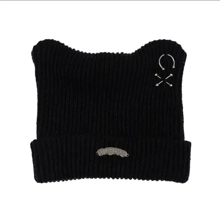 [SOLD OUT] 고양이 피어싱 비니 블랙