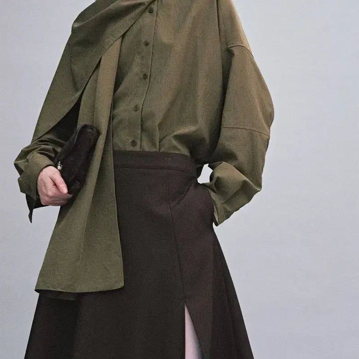 [BUNJANG] ETHOS Unbalanced Flare Skirt / ETHOS 에토스 언발 플레어 스커트 (카키브라운)