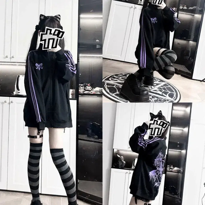 [BUNJANG] Subculture Gothic Sheep Print Track Jacket / 지뢰계 서브컬처 고딕  양머리 프린트 사이드 라인 트랙 재킷(2컬러)