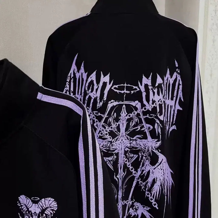 [BUNJANG] Subculture Gothic Sheep Print Track Jacket / 지뢰계 서브컬처 고딕  양머리 프린트 사이드 라인 트랙 재킷(2컬러)