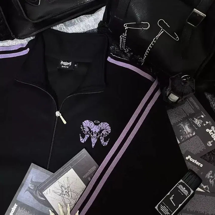 [BUNJANG] Subculture Gothic Sheep Print Track Jacket / 지뢰계 서브컬처 고딕  양머리 프린트 사이드 라인 트랙 재킷(2컬러)