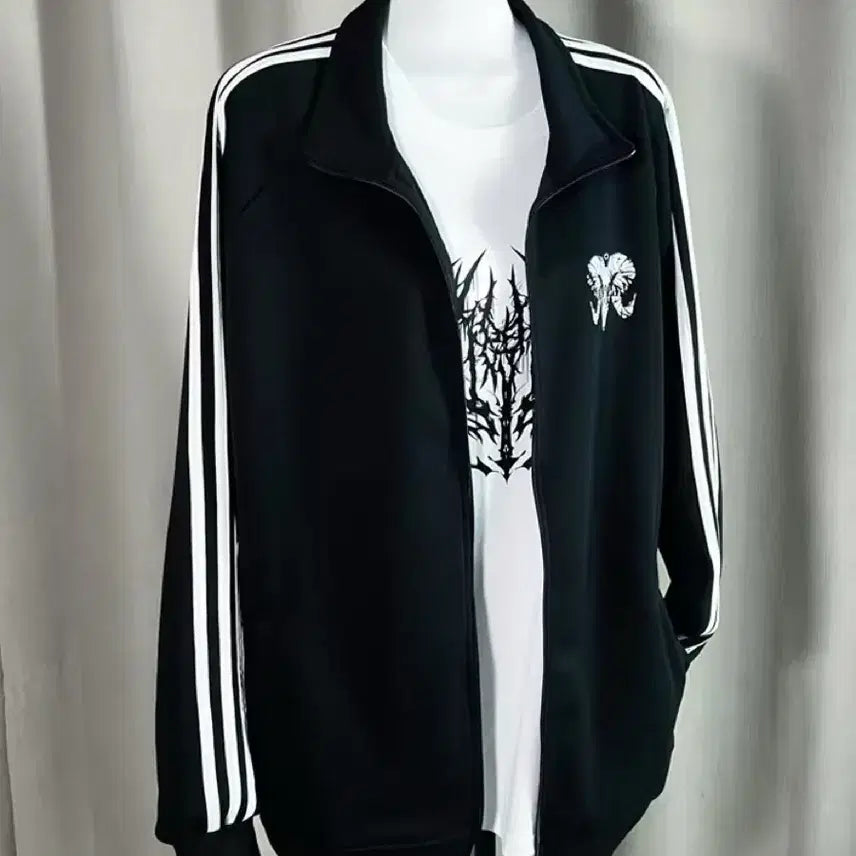 [BUNJANG] Subculture Gothic Sheep Print Track Jacket / 지뢰계 서브컬처 고딕  양머리 프린트 사이드 라인 트랙 재킷(2컬러)