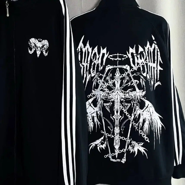[BUNJANG] Subculture Gothic Sheep Print Track Jacket / 지뢰계 서브컬처 고딕  양머리 프린트 사이드 라인 트랙 재킷(2컬러)
