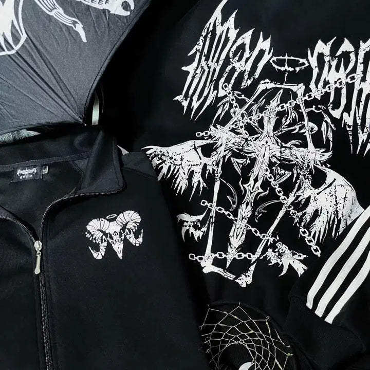 [BUNJANG] Subculture Gothic Sheep Print Track Jacket / 지뢰계 서브컬처 고딕  양머리 프린트 사이드 라인 트랙 재킷(2컬러)