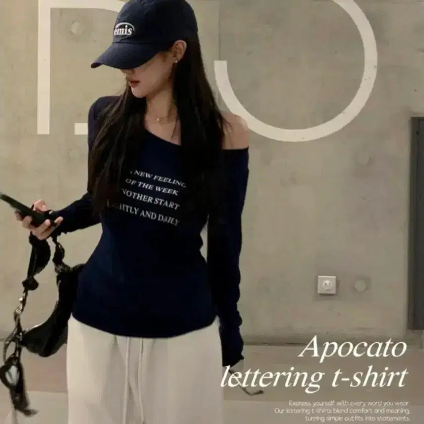 [BUNJANG] Hinic Affogato Lettering Long Sleeve Off-Shoulder T-Shirt / 히니크 아포카토 레터링티 긴팔티셔츠 롱슬리브 오프숄더 에이블리 지그재그