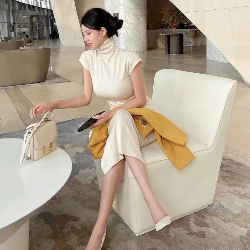 [BUNJANG] Deumaneong Tencel High Neck Cap Sleeve Dress / 더마농 텐셀 하이넥 캡소매 원피스