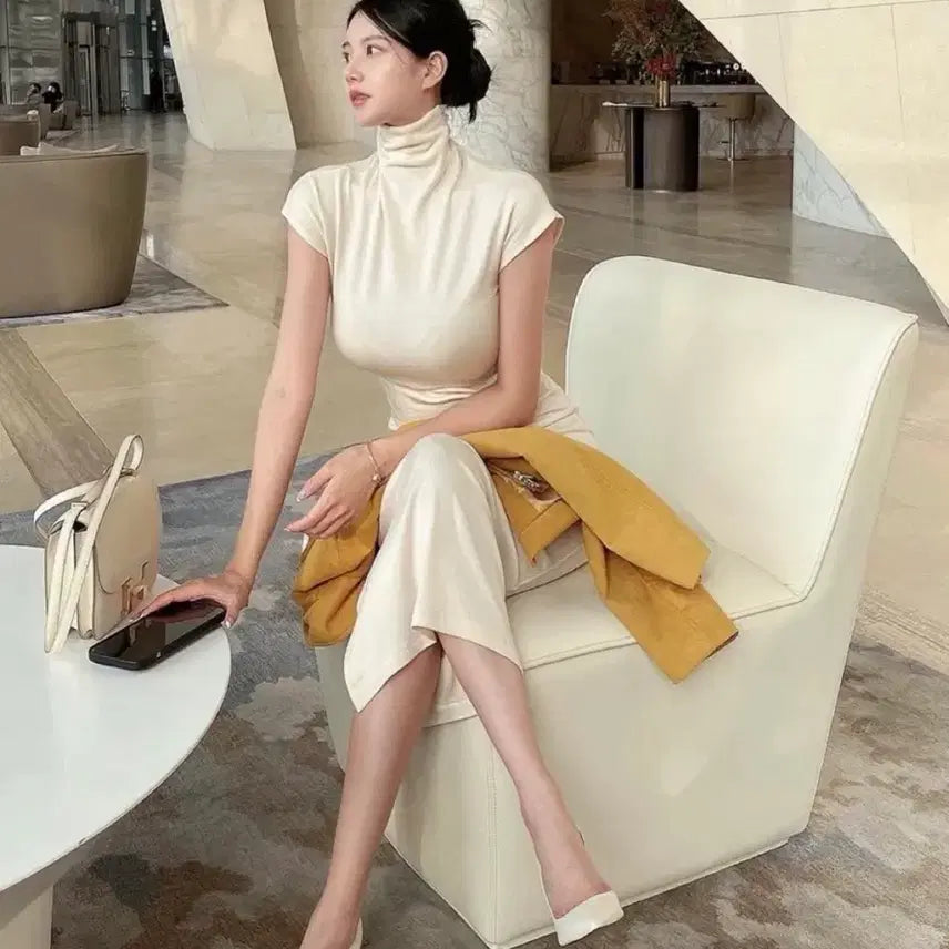 [BUNJANG] Deumaneong Tencel High Neck Cap Sleeve Dress / 더마농 텐셀 하이넥 캡소매 원피스