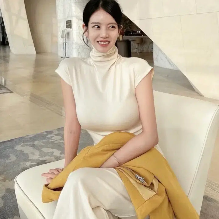 [BUNJANG] Deumaneong Tencel High Neck Cap Sleeve Dress / 더마농 텐셀 하이넥 캡소매 원피스