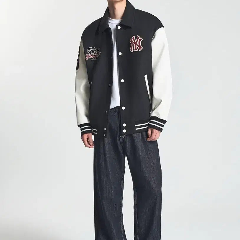 [BUNJANG] MLB NY Wool Pop Collar Varsity Jacket (Black, XL) / MLB 엠엘비 코리아 울 팝 카라 바시티 자켓 NY 블랙 XL