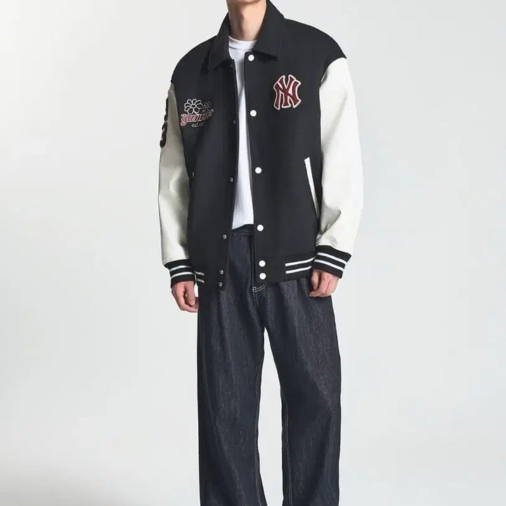 [BUNJANG] MLB NY Wool Pop Collar Varsity Jacket (Black, XL) / MLB 엠엘비 코리아 울 팝 카라 바시티 자켓 NY 블랙 XL