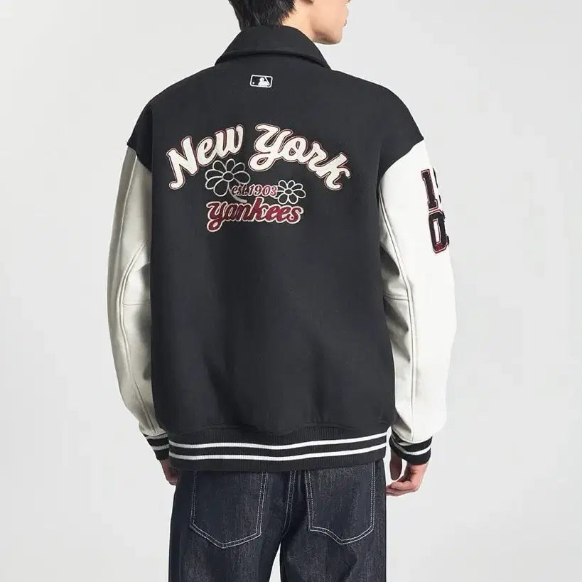 [BUNJANG] MLB NY Wool Pop Collar Varsity Jacket (Black, XL) / MLB 엠엘비 코리아 울 팝 카라 바시티 자켓 NY 블랙 XL
