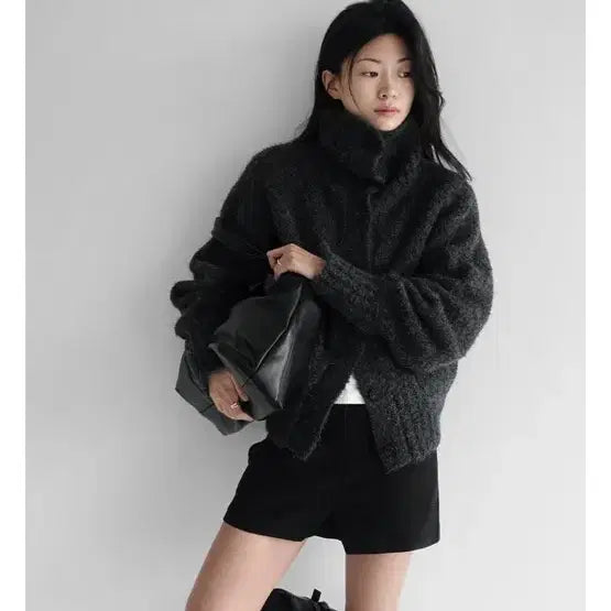 [BUNJANG] Manique Wool Boucle High Neck Cardigan / 매니크 울 부클 헤어리 하이넥 가디건