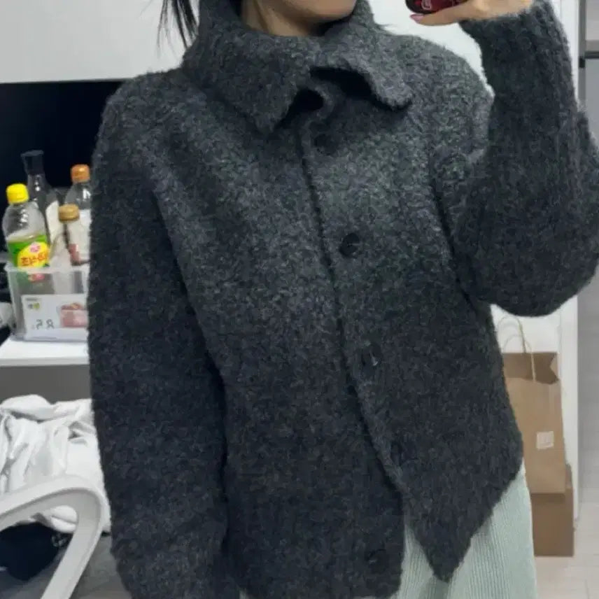 [BUNJANG] Manique Wool Boucle High Neck Cardigan / 매니크 울 부클 헤어리 하이넥 가디건