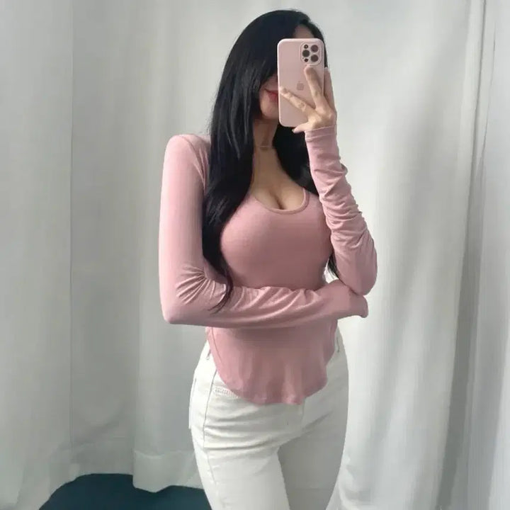 [BUNJANG] U-Neck Long Sleeve T-Shirt / 유넥 쫀쫀 티셔츠