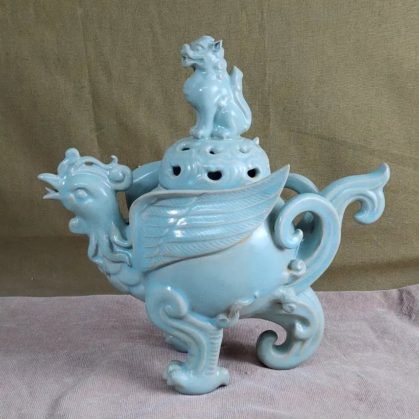 [BUNJANG] Chinese Yao Ware Celadon Incense Burner with Lion and Phoenix Motif / 중국여요청룡사어제 청자 사자 봉황 모양 향로