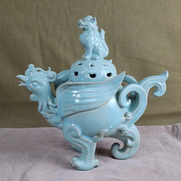 [BUNJANG] Chinese Yao Ware Celadon Incense Burner with Lion and Phoenix Motif / 중국여요청룡사어제 청자 사자 봉황 모양 향로