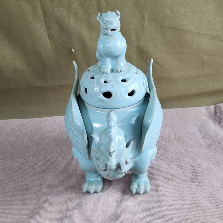 [BUNJANG] Chinese Yao Ware Celadon Incense Burner with Lion and Phoenix Motif / 중국여요청룡사어제 청자 사자 봉황 모양 향로