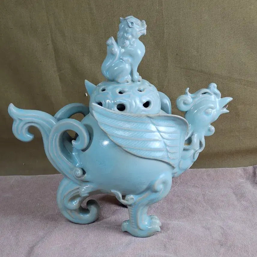 [BUNJANG] Chinese Yao Ware Celadon Incense Burner with Lion and Phoenix Motif / 중국여요청룡사어제 청자 사자 봉황 모양 향로